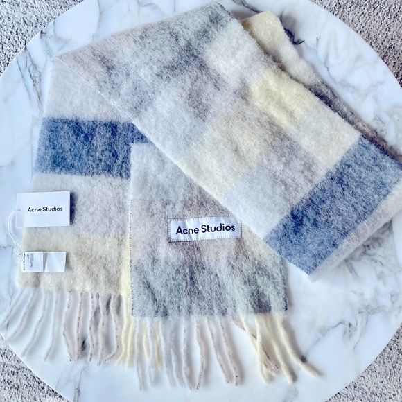 Acne Studios Vally Plaid Alpaca, Wool & Mohair Scarf, Vanilla/Beige/Lavender - Picture 5 of 9